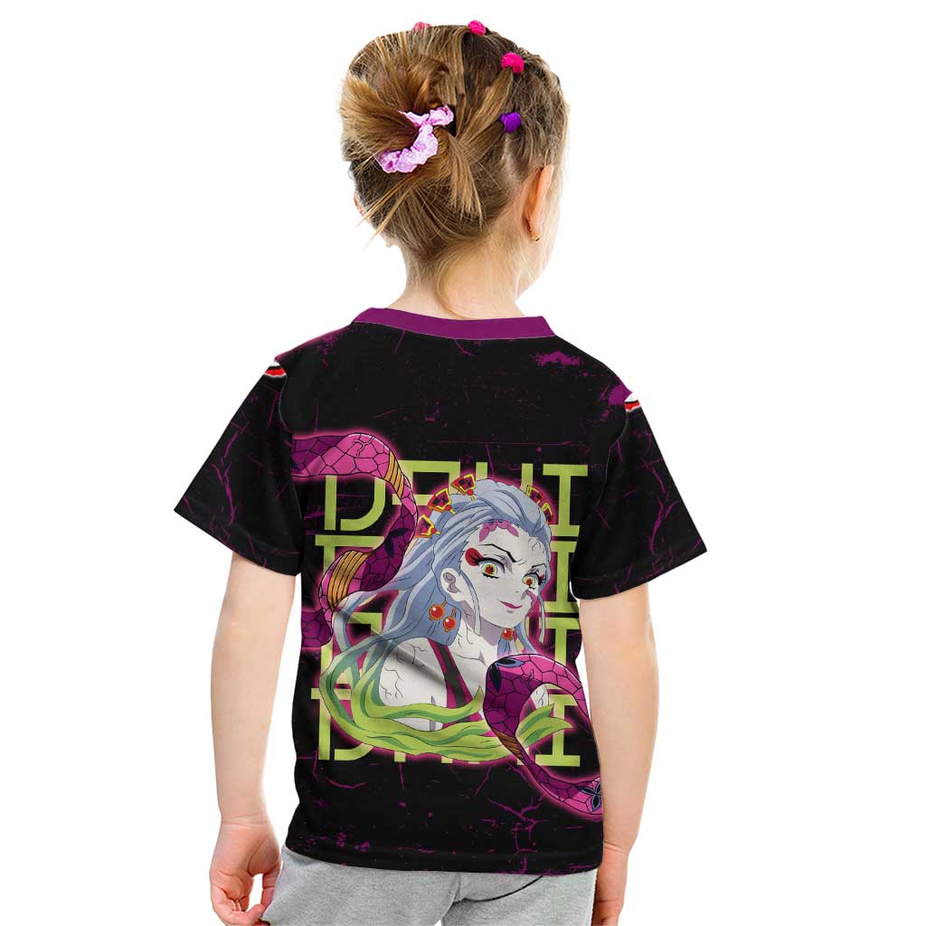 Daki Demon Slayer Theme Kid T Shirt with Obi Sash Design and Neon Pink Green Graphic Elements - The Mazicc