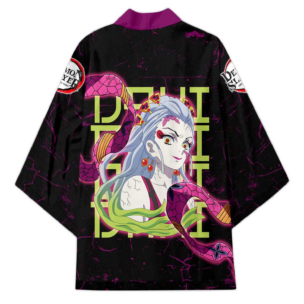 Daki Demon Slayer Theme Kimono with Obi Sash Design and Neon Pink Green Graphic Elements - The Mazicc
