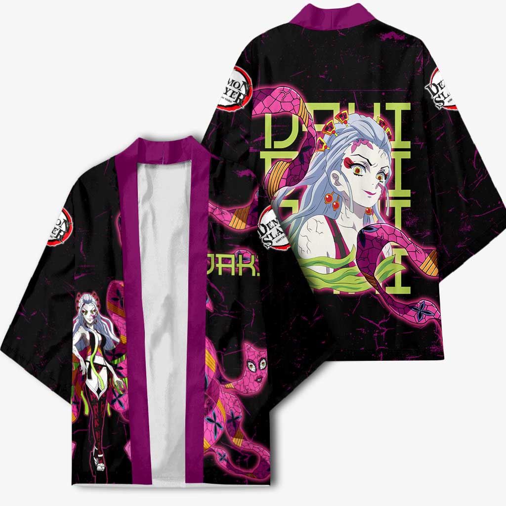 Daki Demon Slayer Theme Kimono with Obi Sash Design and Neon Pink Green Graphic Elements - The Mazicc