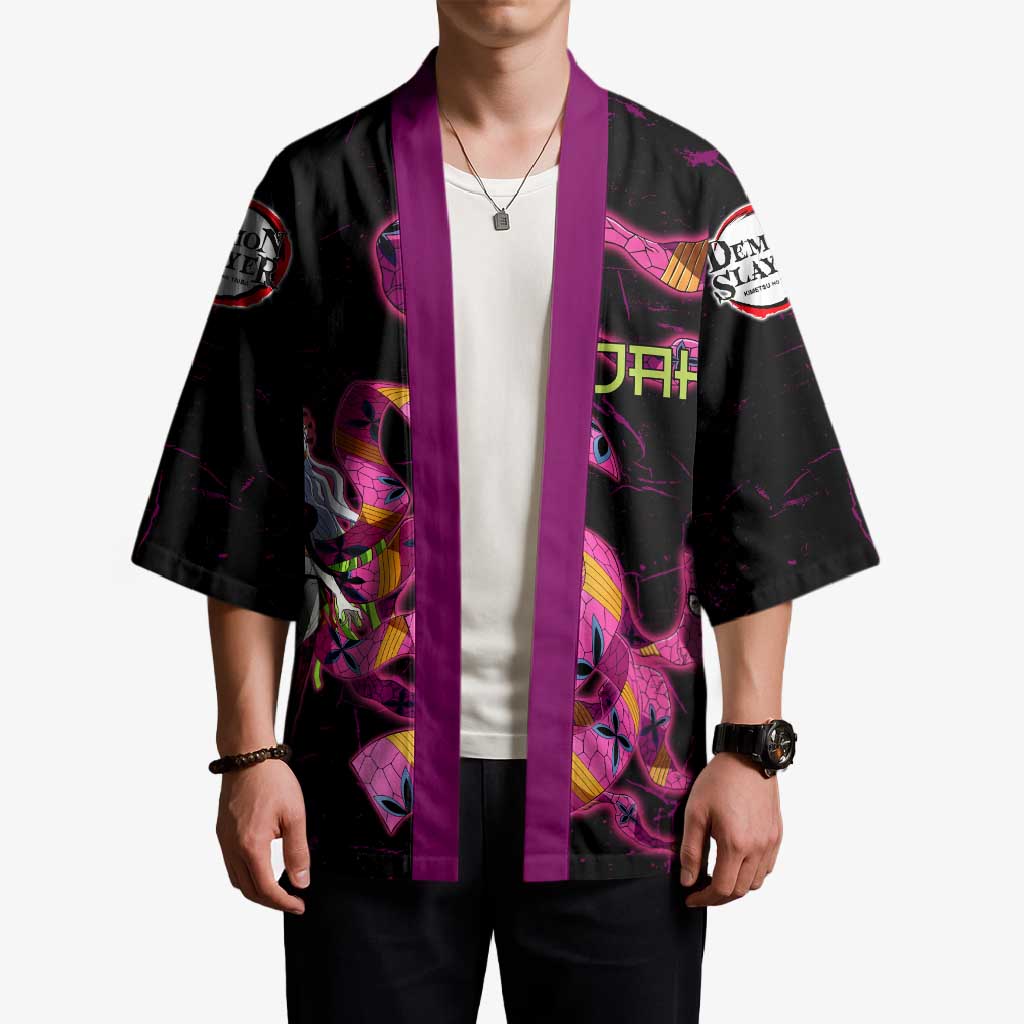 Daki Demon Slayer Theme Kimono with Obi Sash Design and Neon Pink Green Graphic Elements - The Mazicc