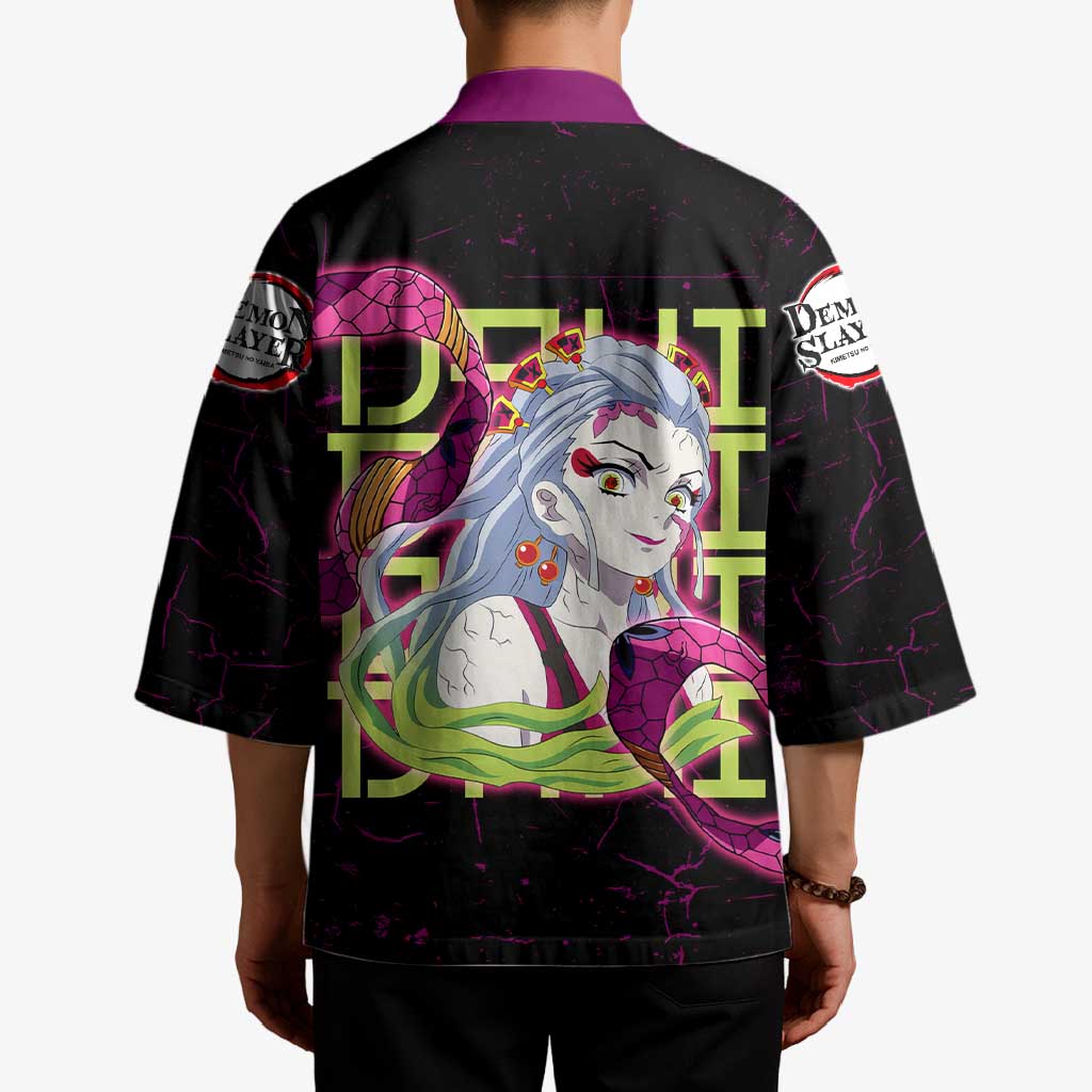 Daki Demon Slayer Theme Kimono with Obi Sash Design and Neon Pink Green Graphic Elements - The Mazicc