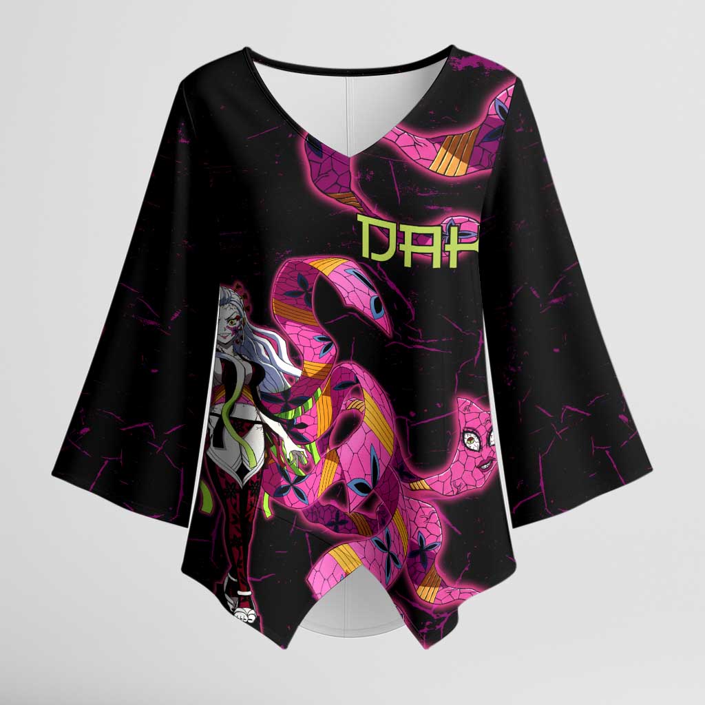 Daki Demon Slayer Theme Kimono Sleeve Blouse with Obi Sash Design and Neon Pink Green Graphic Elements - The Mazicc