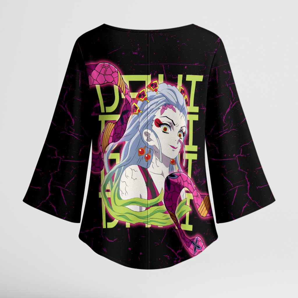 Daki Demon Slayer Theme Kimono Sleeve Blouse with Obi Sash Design and Neon Pink Green Graphic Elements - The Mazicc