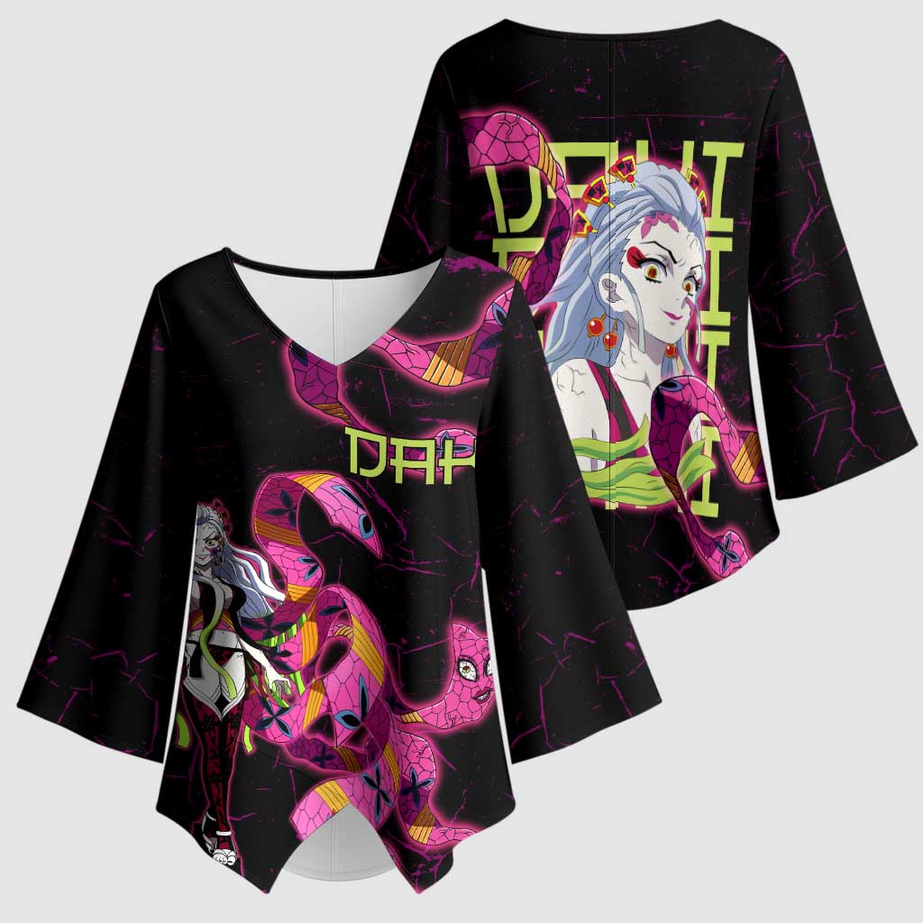 Daki Demon Slayer Theme Kimono Sleeve Blouse with Obi Sash Design and Neon Pink Green Graphic Elements - The Mazicc