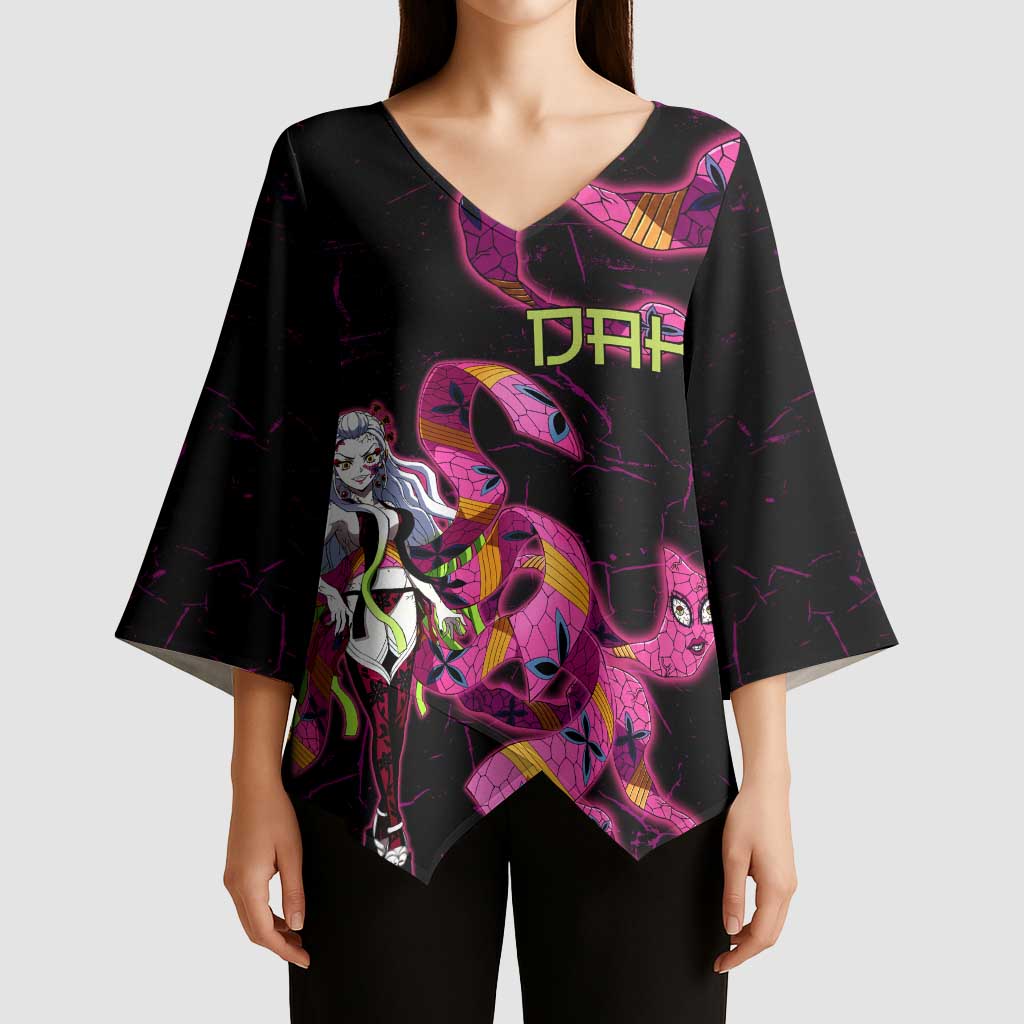 Daki Demon Slayer Theme Kimono Sleeve Blouse with Obi Sash Design and Neon Pink Green Graphic Elements - The Mazicc