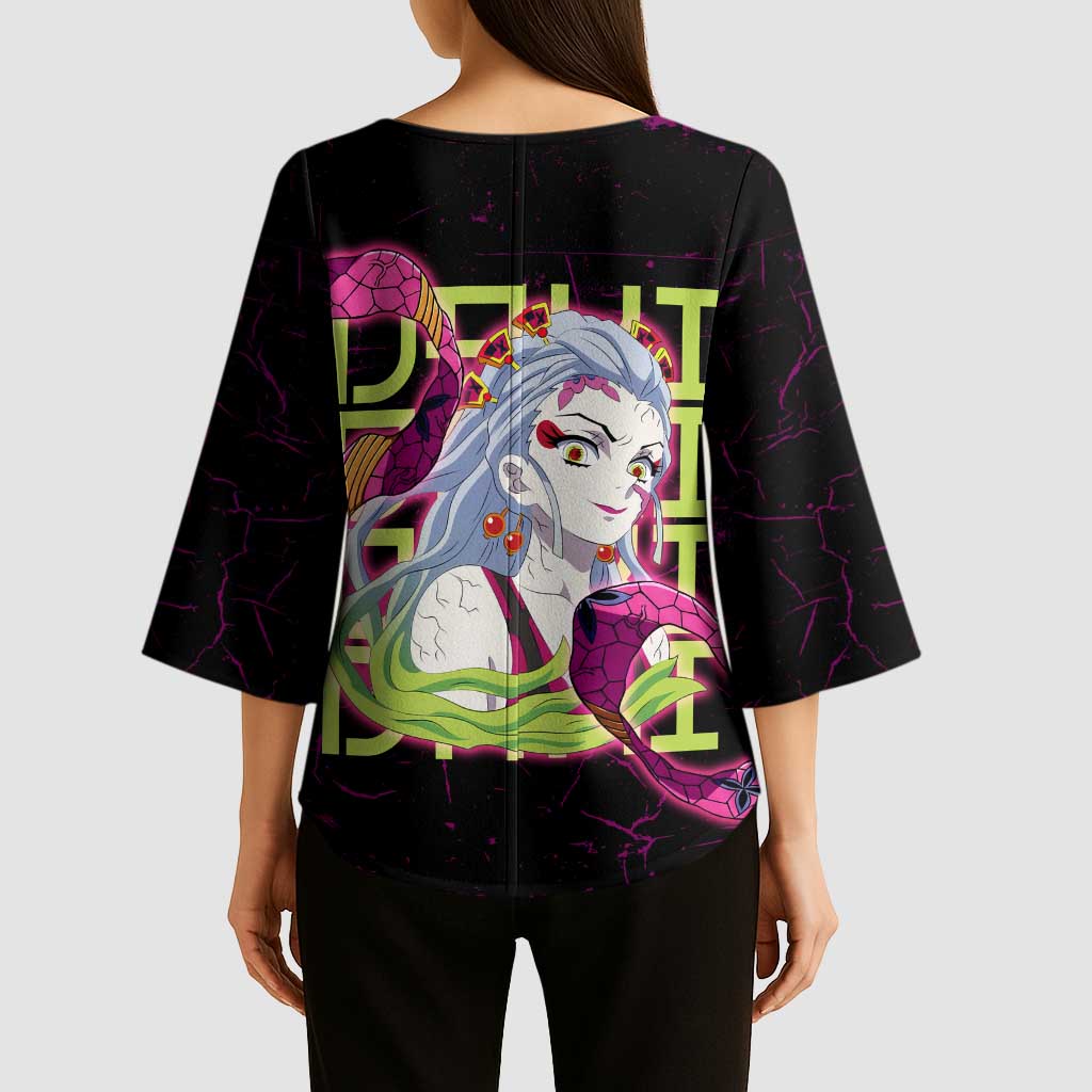 Daki Demon Slayer Theme Kimono Sleeve Blouse with Obi Sash Design and Neon Pink Green Graphic Elements - The Mazicc