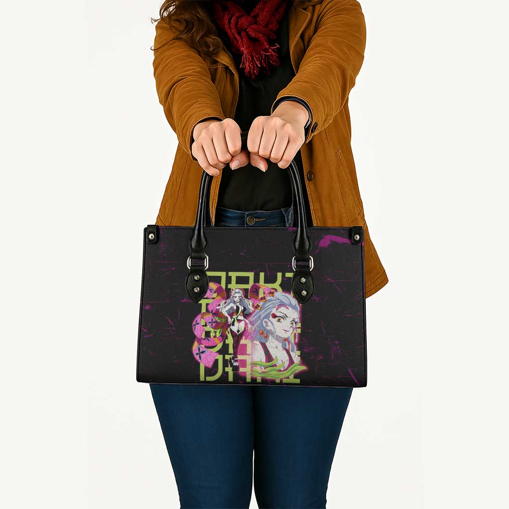 Daki Demon Slayer Theme Leather Bag with Obi Sash Design and Neon Pink Green Graphic Elements - The Mazicc