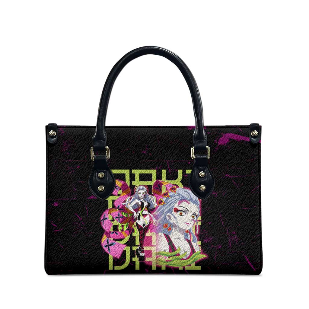 Daki Demon Slayer Theme Leather Bag with Obi Sash Design and Neon Pink Green Graphic Elements - The Mazicc