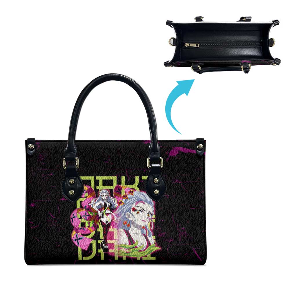 Daki Demon Slayer Theme Leather Bag with Obi Sash Design and Neon Pink Green Graphic Elements - The Mazicc