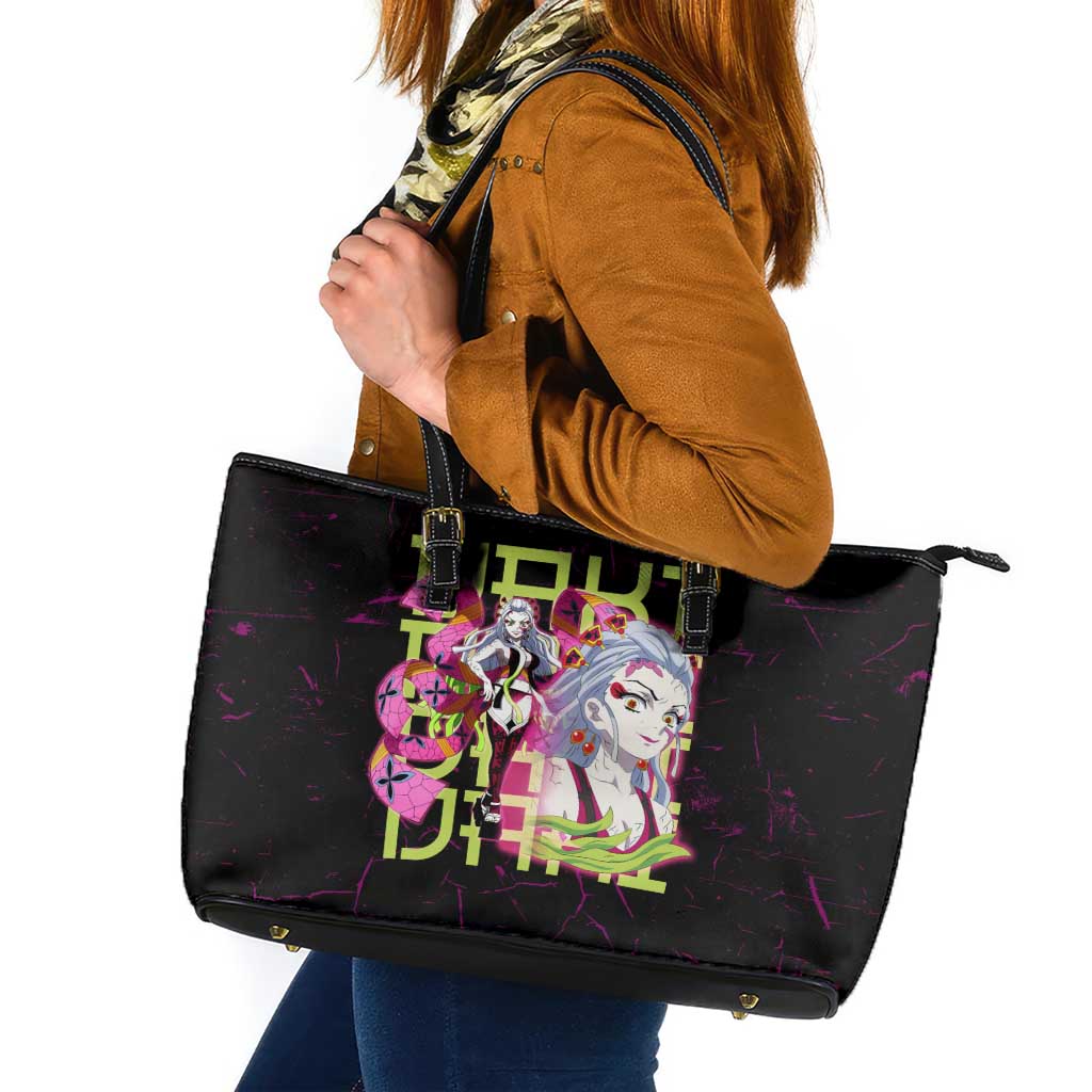Daki Demon Slayer Theme Leather Tote Bag with Obi Sash Design and Neon Pink Green Graphic Elements - The Mazicc