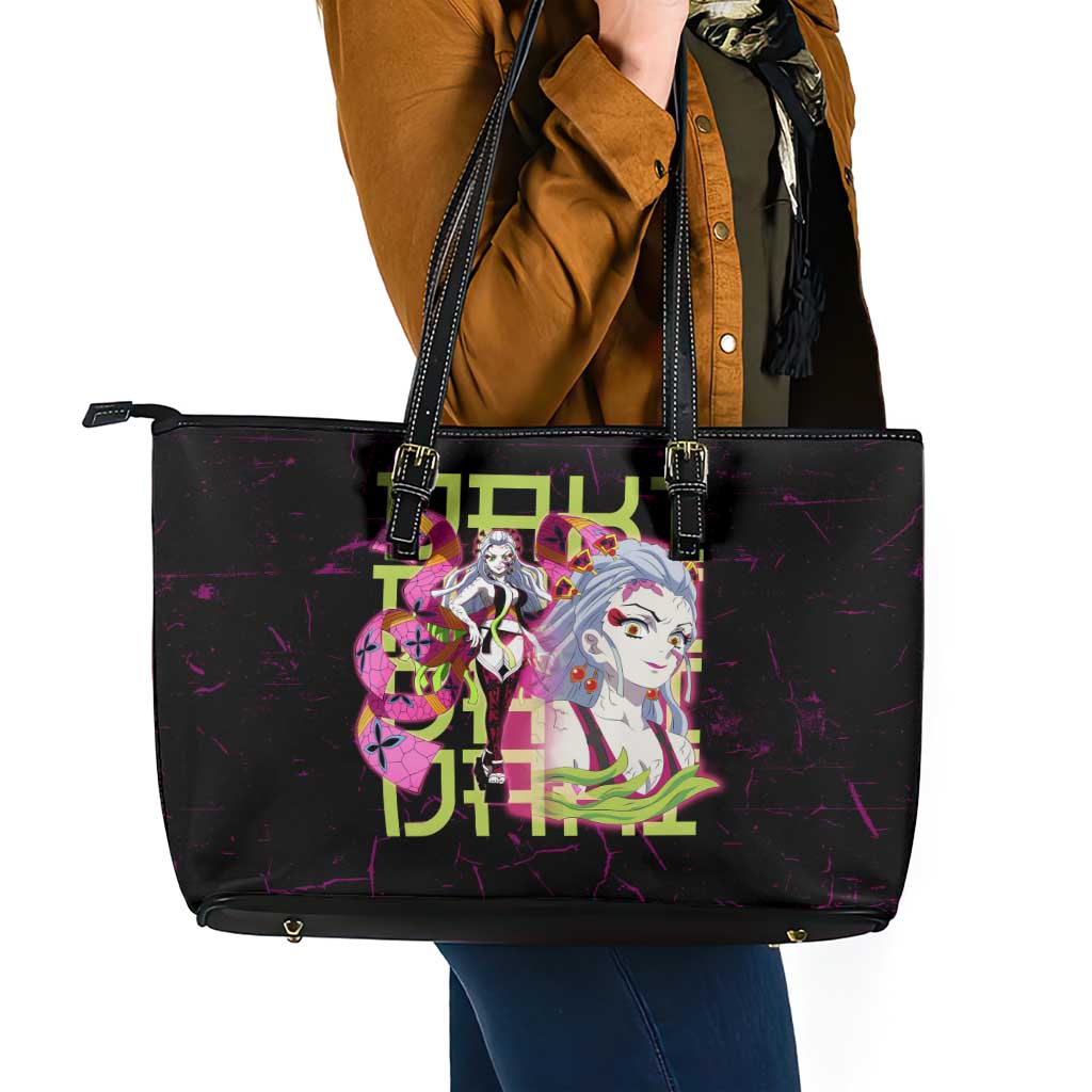 Daki Demon Slayer Theme Leather Tote Bag with Obi Sash Design and Neon Pink Green Graphic Elements - The Mazicc