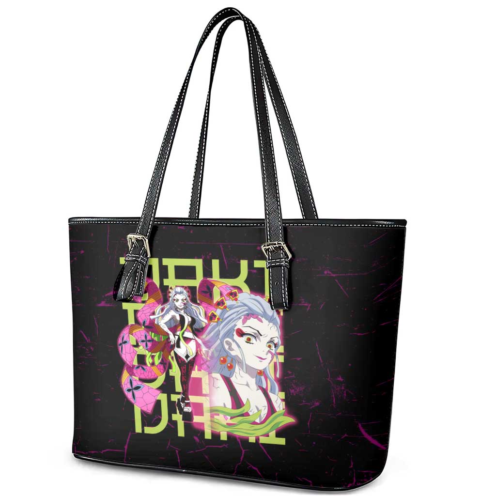 Daki Demon Slayer Theme Leather Tote Bag with Obi Sash Design and Neon Pink Green Graphic Elements - The Mazicc