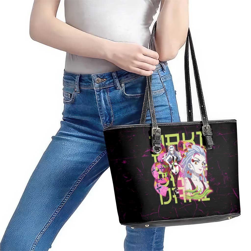 Daki Demon Slayer Theme Leather Tote Bag with Obi Sash Design and Neon Pink Green Graphic Elements - The Mazicc