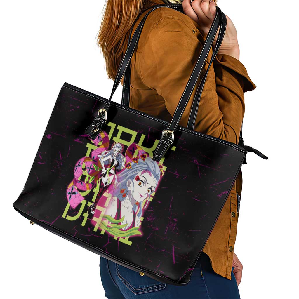 Daki Demon Slayer Theme Leather Tote Bag with Obi Sash Design and Neon Pink Green Graphic Elements - The Mazicc