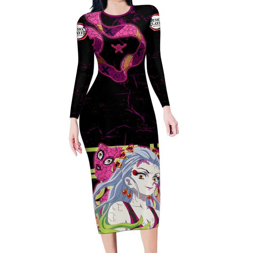 Daki Demon Slayer Theme Long Sleeve Bodycon Dress with Obi Sash Design and Neon Pink Green Graphic Elements - The Mazicc