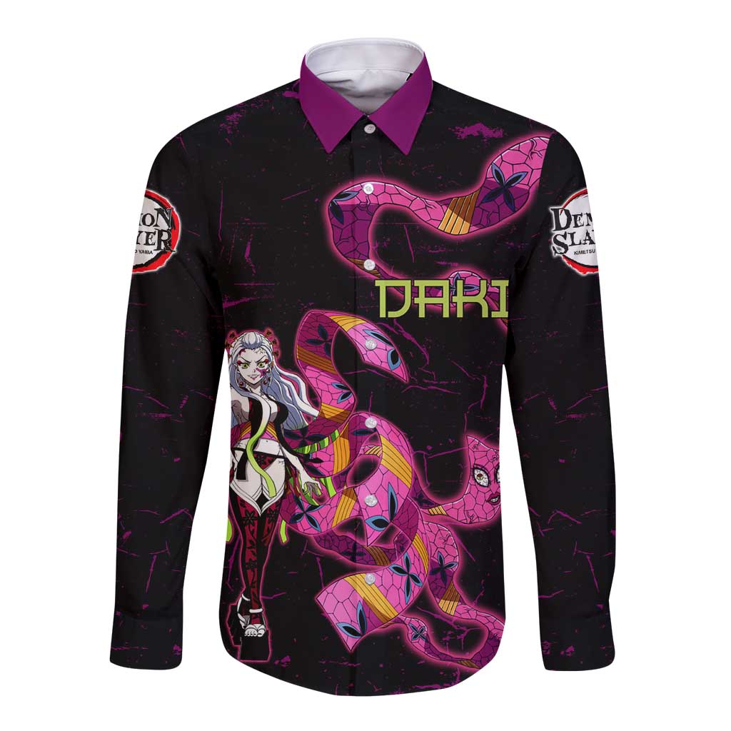 Daki Demon Slayer Theme Long Sleeve Button Shirt with Obi Sash Design and Neon Pink Green Graphic Elements - The Mazicc