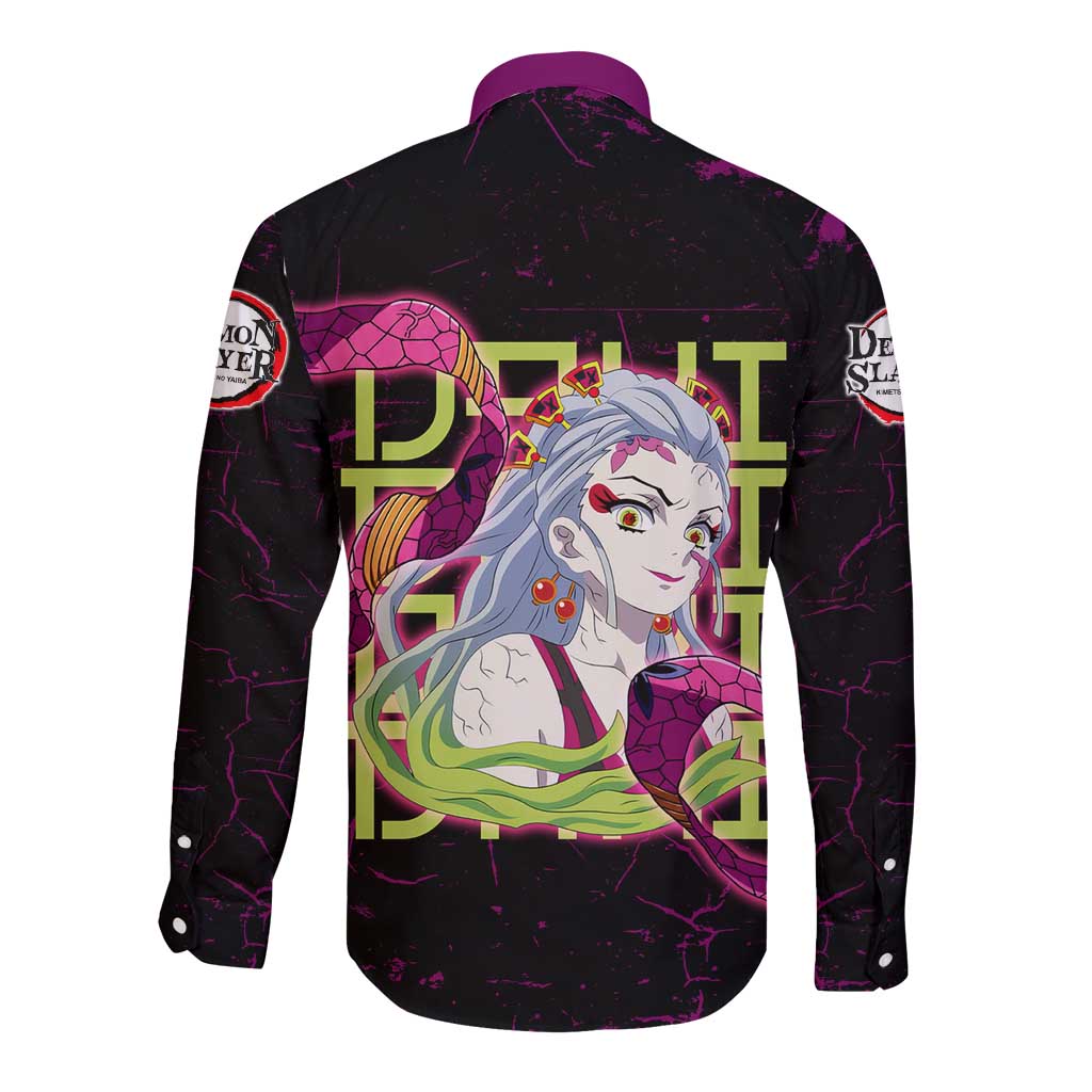 Daki Demon Slayer Theme Long Sleeve Button Shirt with Obi Sash Design and Neon Pink Green Graphic Elements - The Mazicc