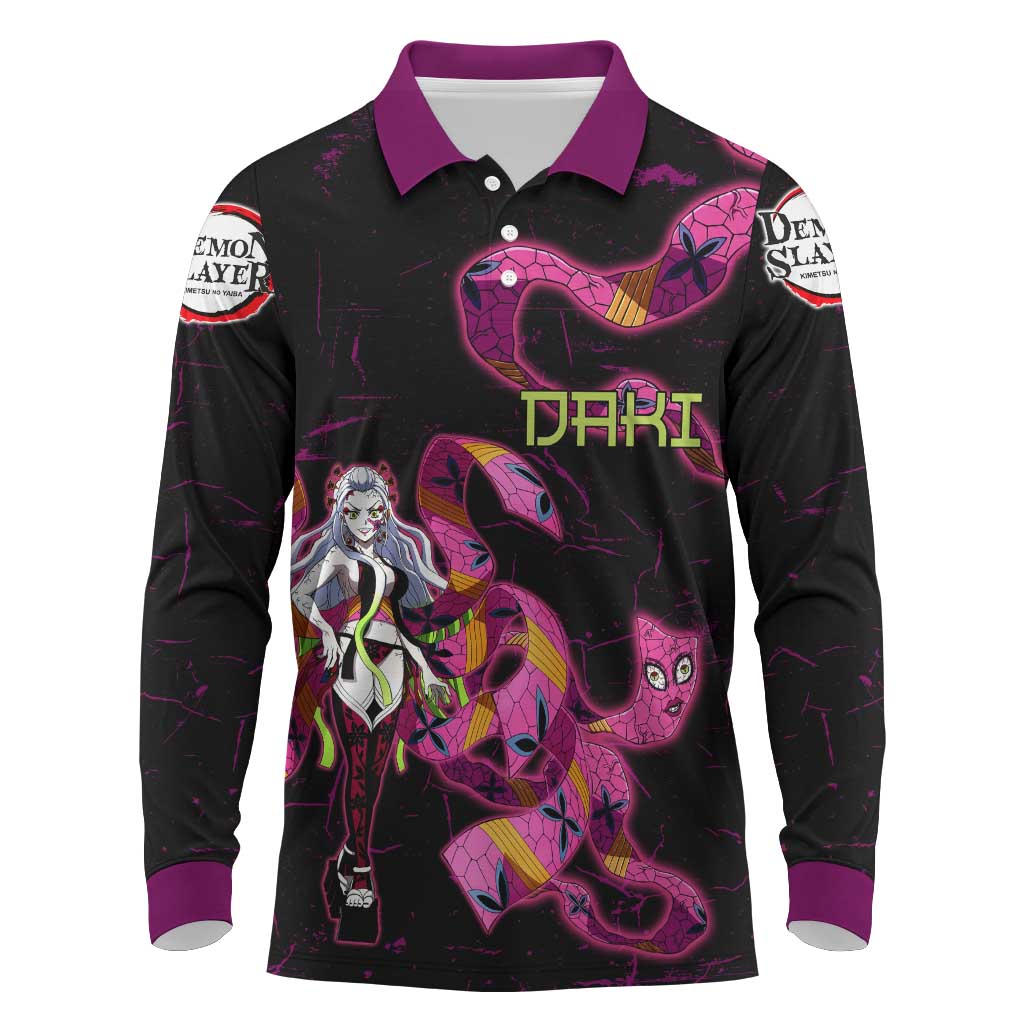 Daki Demon Slayer Theme Long Sleeve Polo Shirt with Obi Sash Design and Neon Pink Green Graphic Elements - The Mazicc