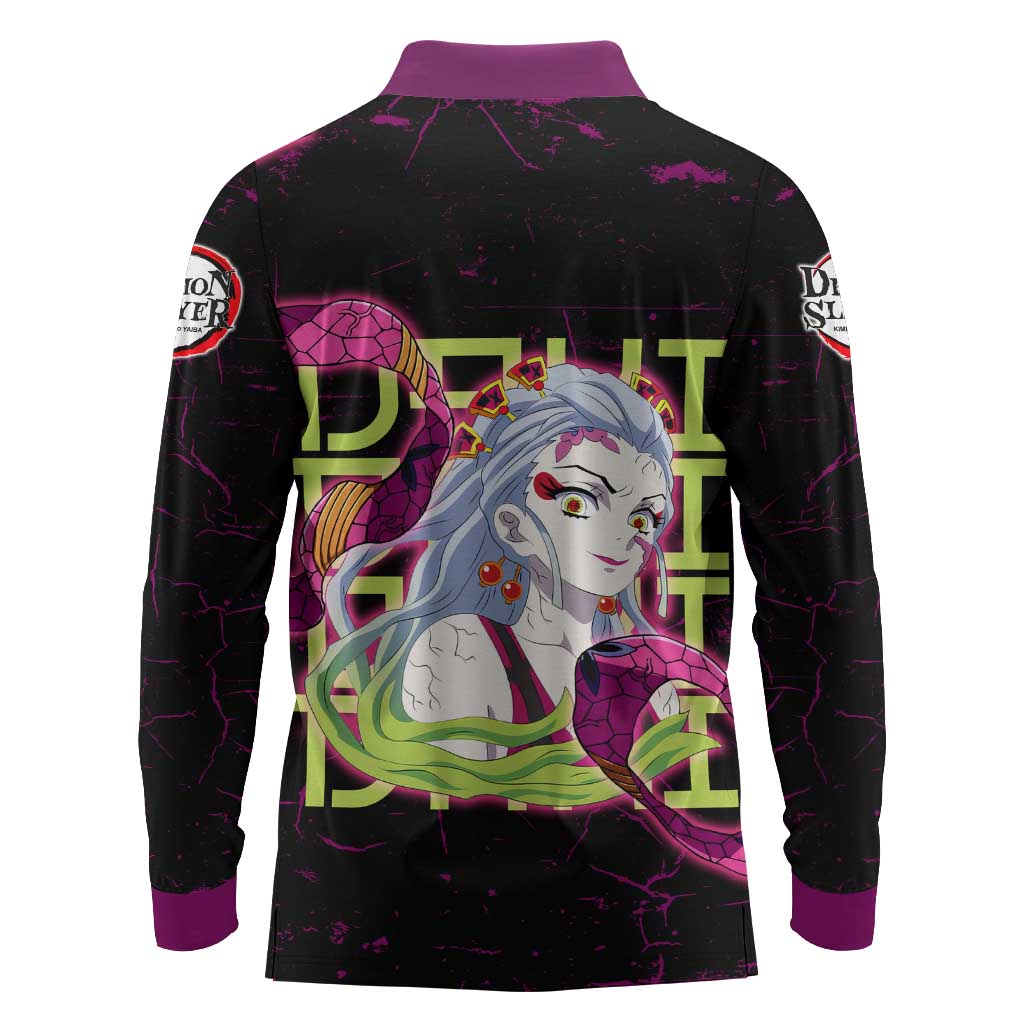 Daki Demon Slayer Theme Long Sleeve Polo Shirt with Obi Sash Design and Neon Pink Green Graphic Elements - The Mazicc