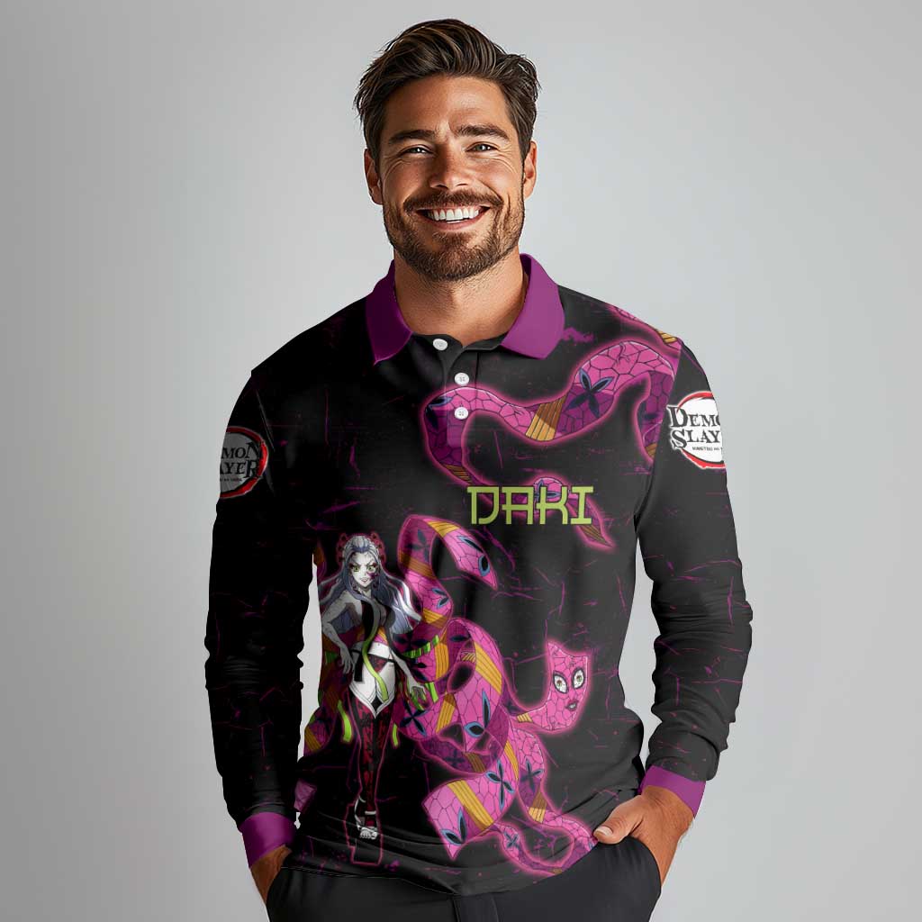 Daki Demon Slayer Theme Long Sleeve Polo Shirt with Obi Sash Design and Neon Pink Green Graphic Elements - The Mazicc