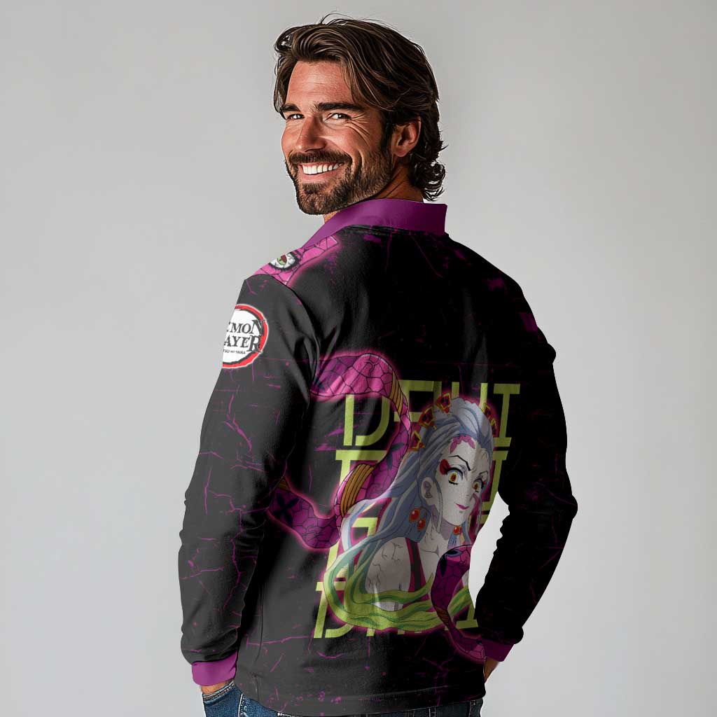 Daki Demon Slayer Theme Long Sleeve Polo Shirt with Obi Sash Design and Neon Pink Green Graphic Elements - The Mazicc