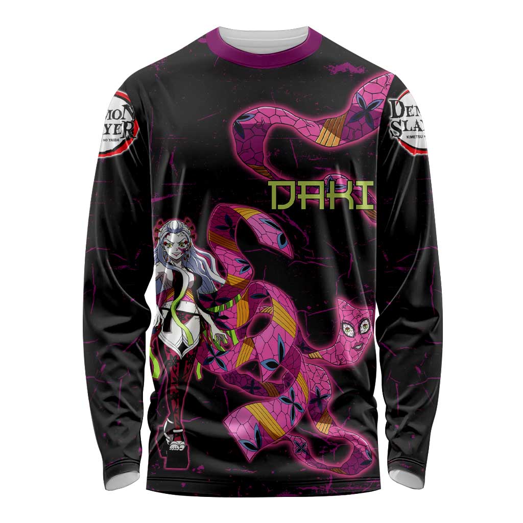 Daki Demon Slayer Theme Long Sleeve Shirt with Obi Sash Design and Neon Pink Green Graphic Elements - The Mazicc