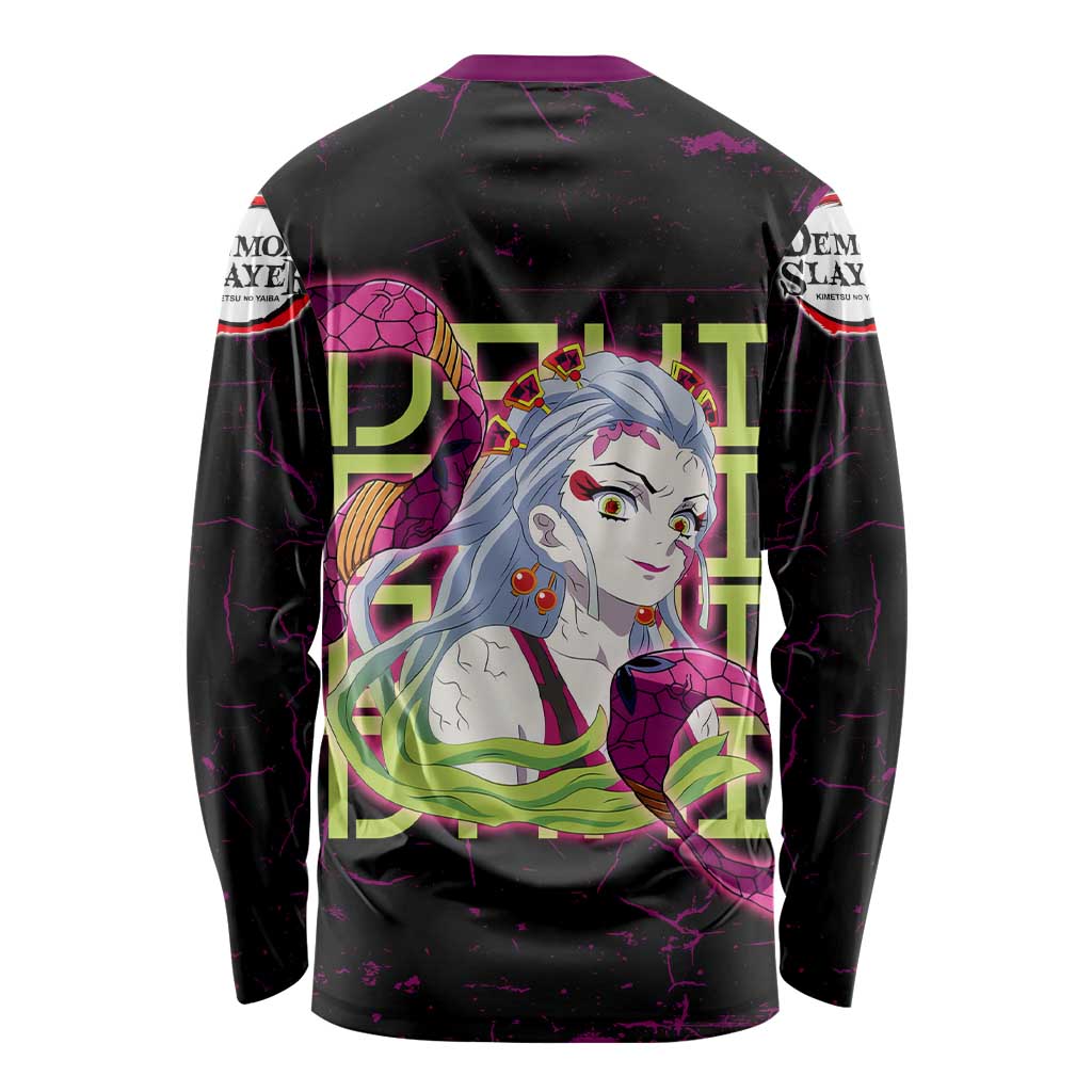 Daki Demon Slayer Theme Long Sleeve Shirt with Obi Sash Design and Neon Pink Green Graphic Elements - The Mazicc