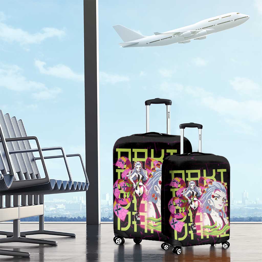 Daki Demon Slayer Theme Luggage Cover with Obi Sash Design and Neon Pink Green Graphic Elements - The Mazicc
