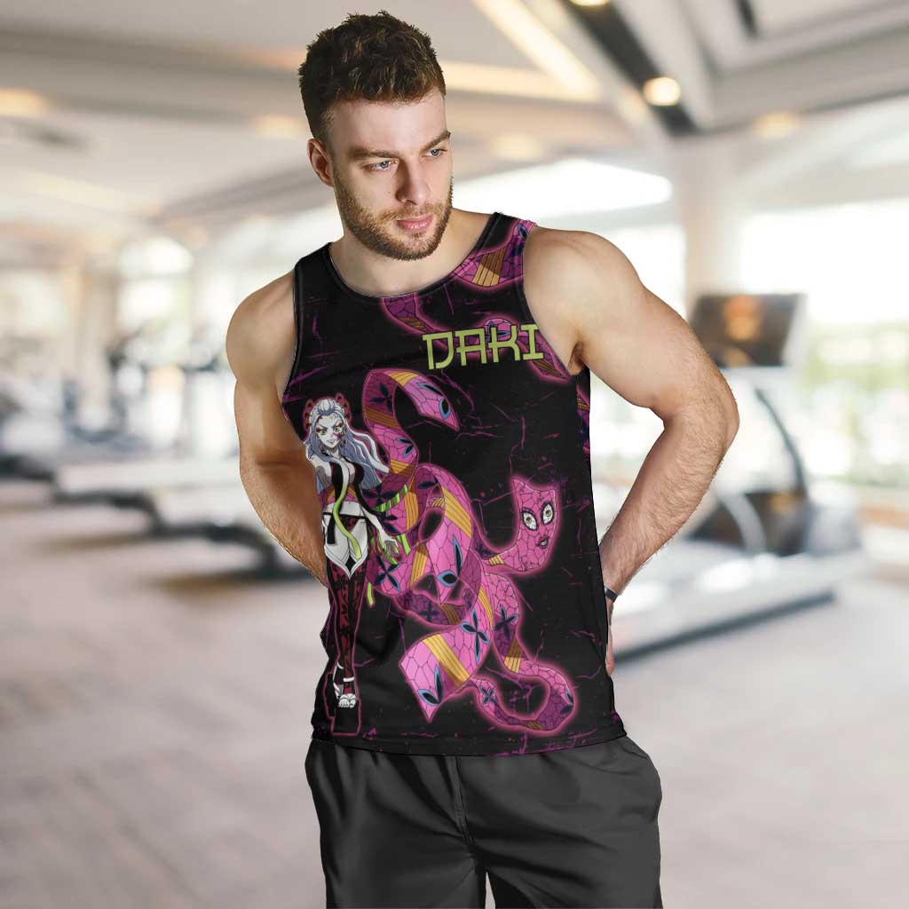 Daki Demon Slayer Theme Men Tank Top with Obi Sash Design and Neon Pink Green Graphic Elements - The Mazicc