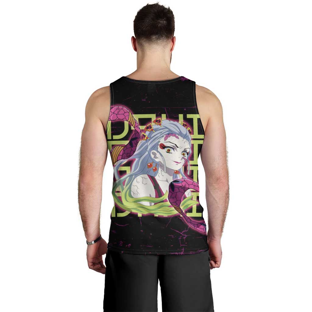 Daki Demon Slayer Theme Men Tank Top with Obi Sash Design and Neon Pink Green Graphic Elements - The Mazicc