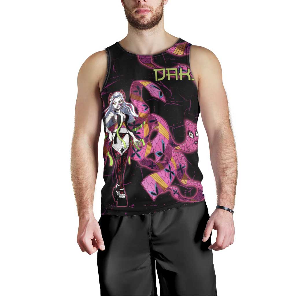 Daki Demon Slayer Theme Men Tank Top with Obi Sash Design and Neon Pink Green Graphic Elements - The Mazicc