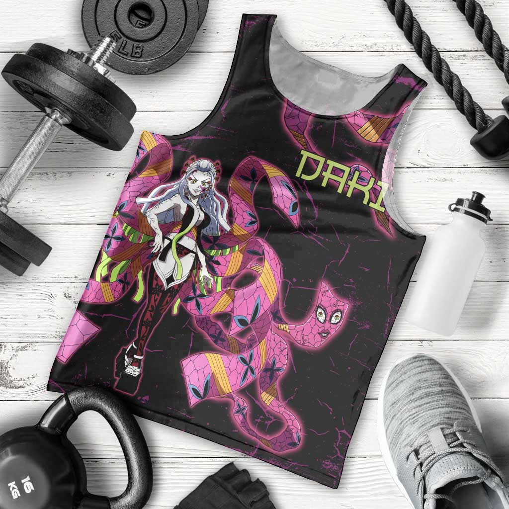 Daki Demon Slayer Theme Men Tank Top with Obi Sash Design and Neon Pink Green Graphic Elements - The Mazicc