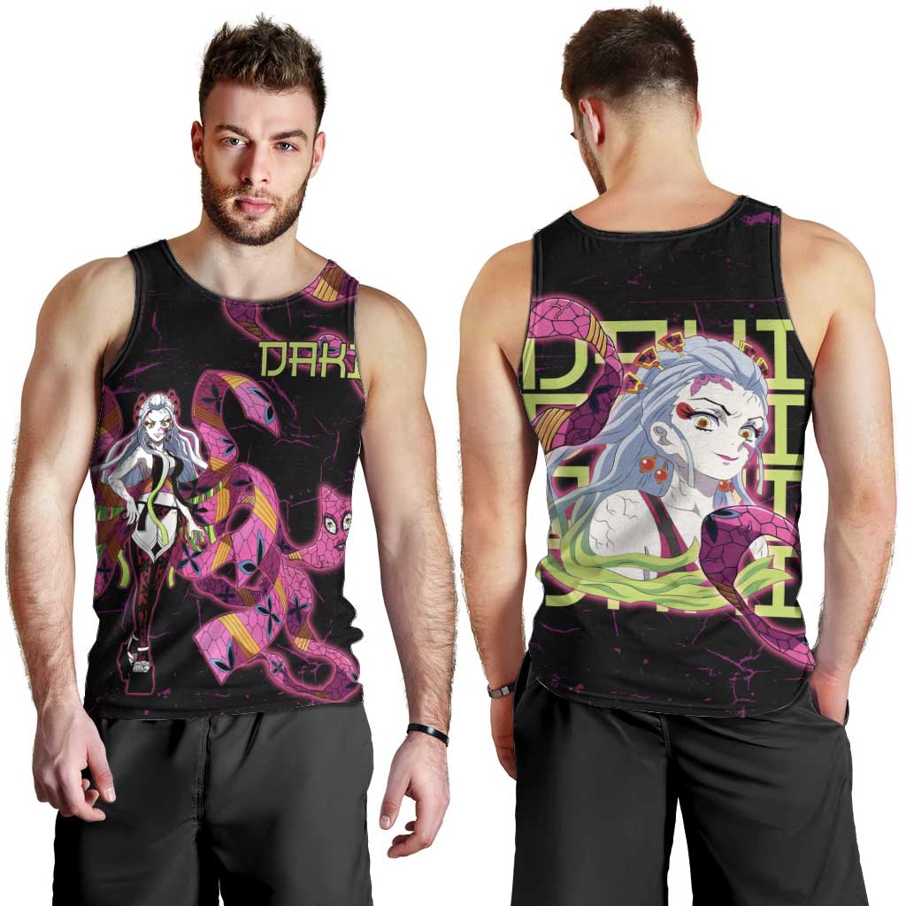 Daki Demon Slayer Theme Men Tank Top with Obi Sash Design and Neon Pink Green Graphic Elements - The Mazicc