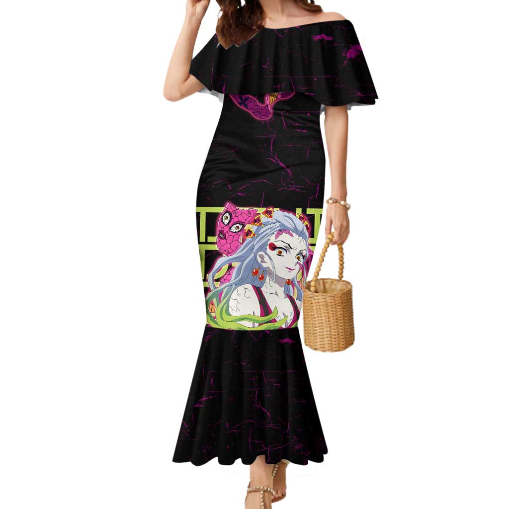 Daki Demon Slayer Theme Mermaid Dress with Obi Sash Design and Neon Pink Green Graphic Elements - The Mazicc
