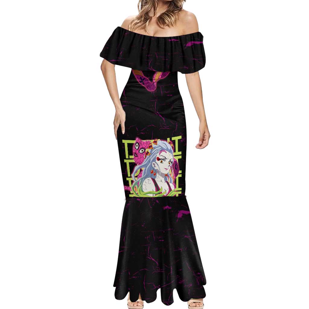 Daki Demon Slayer Theme Mermaid Dress with Obi Sash Design and Neon Pink Green Graphic Elements - The Mazicc