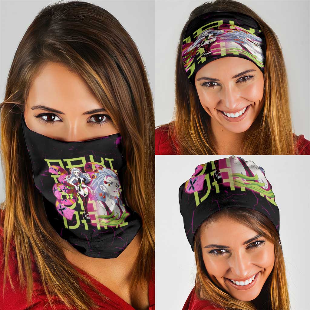 Daki Demon Slayer Theme Neck Gaiter with Obi Sash Design and Neon Pink Green Graphic Elements - The Mazicc