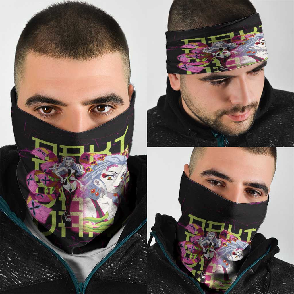 Daki Demon Slayer Theme Neck Gaiter with Obi Sash Design and Neon Pink Green Graphic Elements - The Mazicc