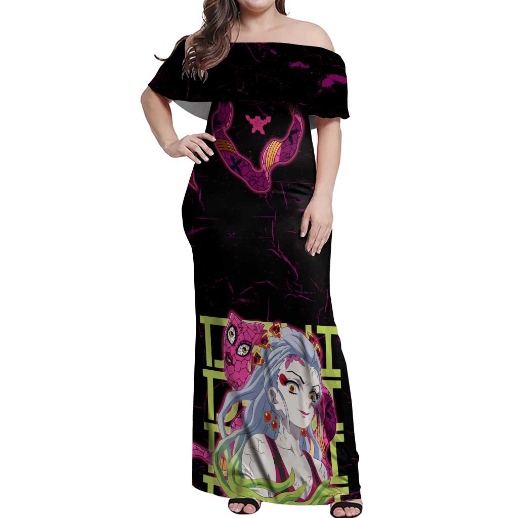 Daki Demon Slayer Theme Off Shoulder Maxi Dress with Obi Sash Design and Neon Pink Green Graphic Elements - The Mazicc