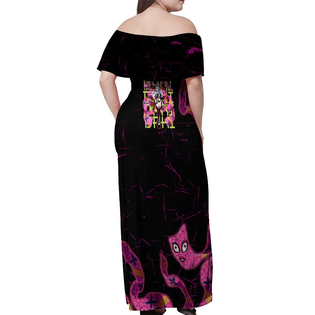 Daki Demon Slayer Theme Off Shoulder Maxi Dress with Obi Sash Design and Neon Pink Green Graphic Elements - The Mazicc