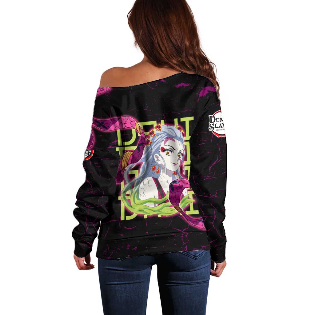 Daki Demon Slayer Theme Off Shoulder Sweater with Obi Sash Design and Neon Pink Green Graphic Elements - The Mazicc