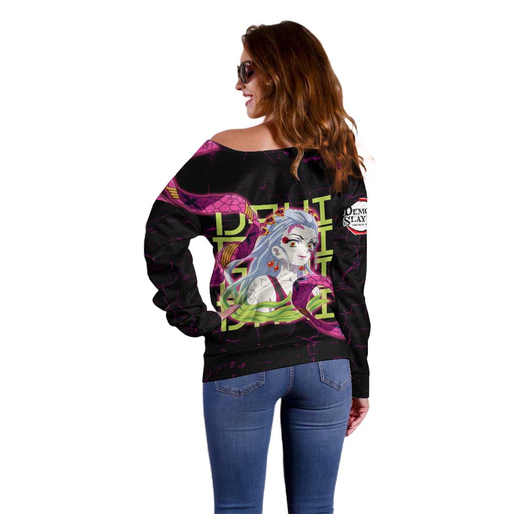 Daki Demon Slayer Theme Off Shoulder Sweater with Obi Sash Design and Neon Pink Green Graphic Elements - The Mazicc