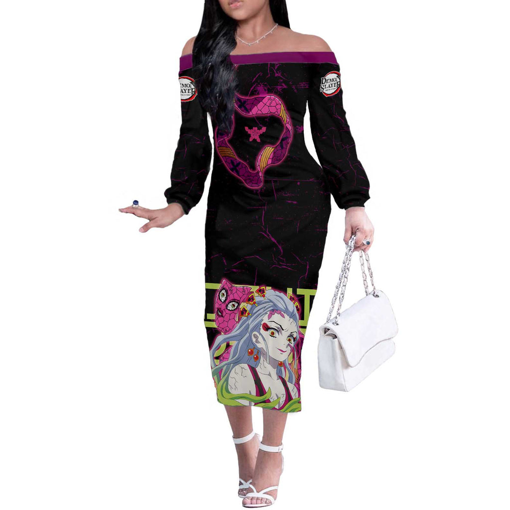 Daki Demon Slayer Theme Off The Shoulder Long Sleeve Dress with Obi Sash Design and Neon Pink Green Graphic Elements - The Mazicc