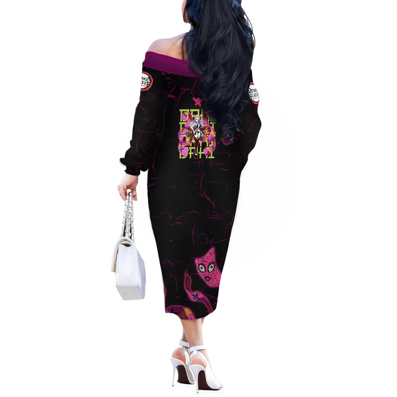 Daki Demon Slayer Theme Off The Shoulder Long Sleeve Dress with Obi Sash Design and Neon Pink Green Graphic Elements - The Mazicc