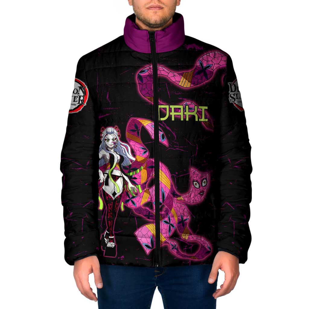 Daki Demon Slayer Theme Padded Jacket with Obi Sash Design and Neon Pink Green Graphic Elements - The Mazicc