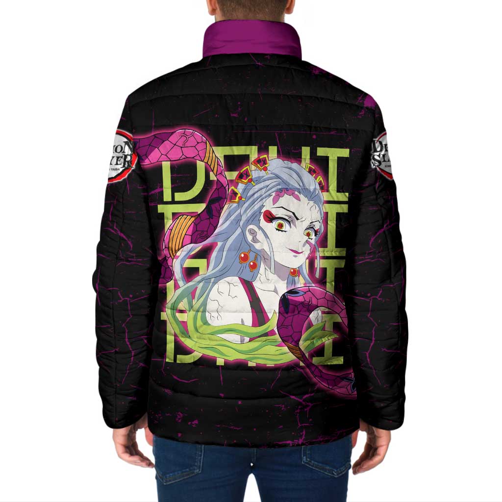 Daki Demon Slayer Theme Padded Jacket with Obi Sash Design and Neon Pink Green Graphic Elements - The Mazicc