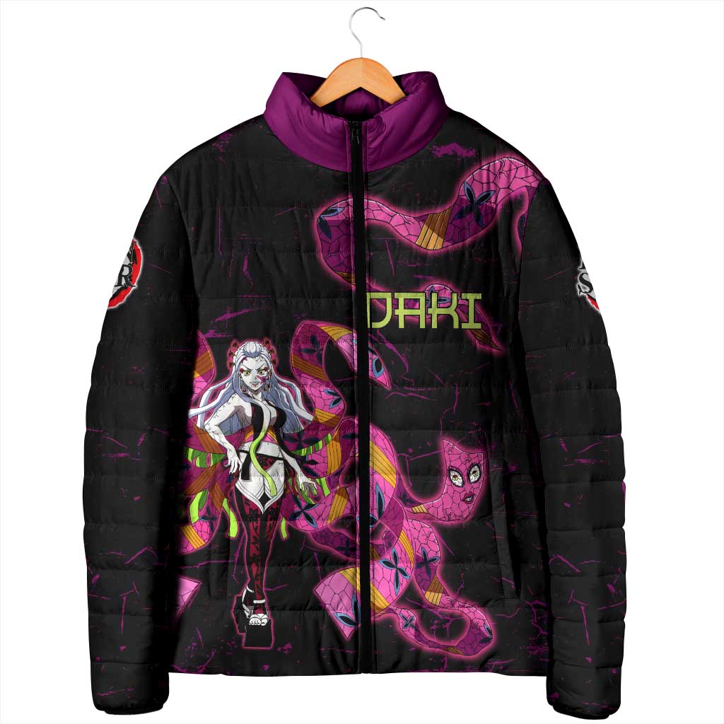 Daki Demon Slayer Theme Padded Jacket with Obi Sash Design and Neon Pink Green Graphic Elements - The Mazicc