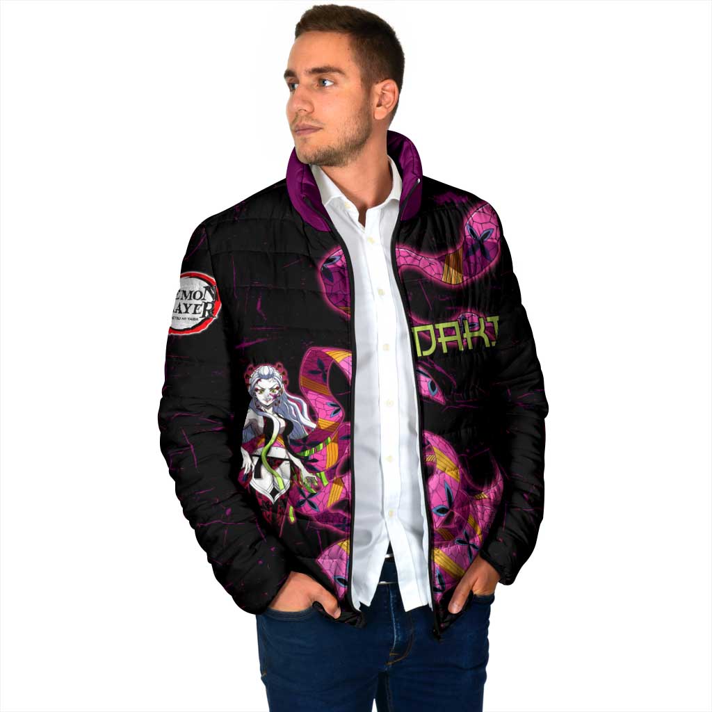 Daki Demon Slayer Theme Padded Jacket with Obi Sash Design and Neon Pink Green Graphic Elements - The Mazicc
