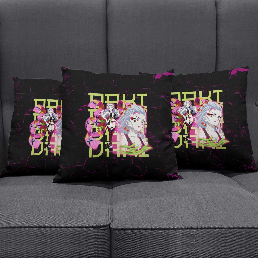 Daki Demon Slayer Theme Pillow Cover with Obi Sash Design and Neon Pink Green Graphic Elements - The Mazicc