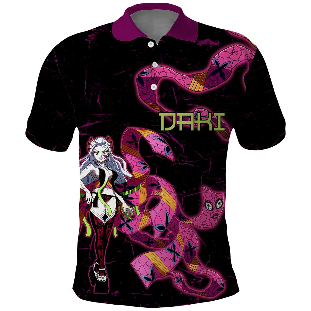 Daki Demon Slayer Theme Polo Shirt with Obi Sash Design and Neon Pink Green Graphic Elements - The Mazicc