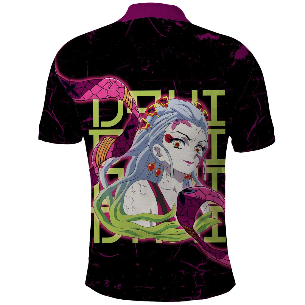 Daki Demon Slayer Theme Polo Shirt with Obi Sash Design and Neon Pink Green Graphic Elements - The Mazicc